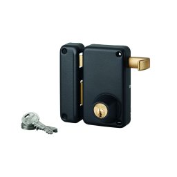 Broască aplicată verticala, cu profil de cilindru și maner tragator, pentru poarta, stânga, ax 45mm, 75x130mm