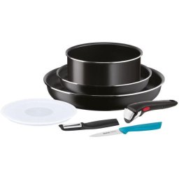 Set de 7 piese Tefal Ingenio Essentials, invelis antiaderent Titanium, indicator Thermo-Signal, maner detasabil, negru