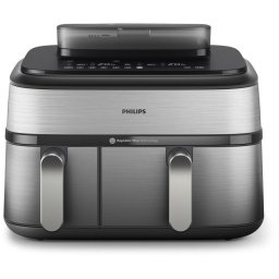 Friteuza cu Aer Cald Philips Airfryer 5000 Series Dual Basket Steam NA555/00, 9 L, RapidAir Plus + Air Steam, 2750 W, 12 Presetari, Argintiu