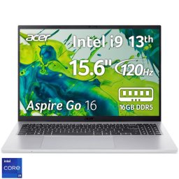 Laptop Acer Aspire Go 16, Procesor Intel® Core™ i9-13900H, Display 16", WUXGA IPS, 120Hz, 16GB DDR5, 512GB SSD, Placa video Intel® Iris® Xe Graphics, No OS, Pure Silver