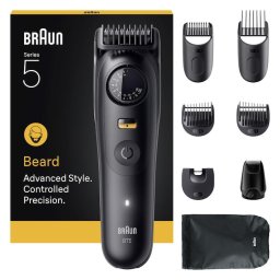 Aparat de tuns barba Braun Beard Trimmer Seria 5 BT5560, Lama ultra ascutita, 5 Piepteni,1 Mini cap de ras, 40 Setari de lungime, Autonomie 120 Min, Rezistent la Apa, Negru Mat