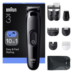 Aparat de tuns multifunctional Braun All-in-One Seria 3 AIO3560, 10-in-1, Lama ultra ascutita, 7 Piepteni, Mini Cap de ras, Cap de tuns sprancene, 14 Setari de lungime, Autonomie 50 minute, Negru