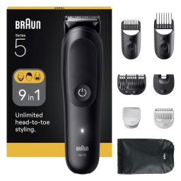 Aparat de tuns multifunctional Braun All-in-One Seria 5 AIO5540, 9-in-1, Lama ultra ascutita, 7 Piepteni, Pieptene SkinGuard pentru corp, AquaGrip pentru control sub dus, Autonomie 120 minute, Negru Mat