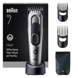 Aparat de tuns Braun Seria 7 HC7590, Accesorii de tuns, Lama Ascutita, 17 Setari de lungime, Blocare a setarilor recente, Autonomie 50 Min, Rezistent la apa, Gri