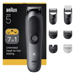 Aparat de tuns multifunctional Braun All-in-One Seria 5 AIO5520, 7-in-1, Lama ultra ascutita, 6 Piepteni, Pieptene SkinGuard pentru corp, AquaGrip pentru control sub dus, 14 Setari de lungime, Autonomie 120 minute, Gri/Negru