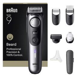 Aparat de tuns barba Braun Seria 9 BT9520, Lama ProBlade tehnologie AutoSense, Mod PowerBoost, Capat ras PrecisionShave, Autonomie 180 minute, Rezistent la apa, Cromat