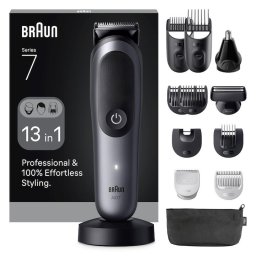 Aparat de tuns multifunctional Braun All-in-One Seria 7 AIO7560, Lama ProBlade, AutoSense, 7 Piepteni, Cap tuns SkinGuard, Cap ras PrecisionShave, Cap tuns urechi/nas, Autonomie 120 min, Gri cosmic