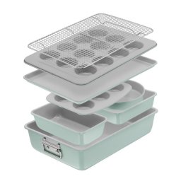 Set pentru copt Tefal Ceramik, 8 piese, otel carbon, invelis ceramic antiaderent, design stivuibil, verde