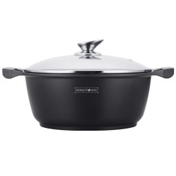 Cratita adanca Royalty Line RL-BS30ML, 30 cm, 7 L, Strat antiaderent din marmura, Capac din sticla, Fara PFOA, Pentru inductie, Negru