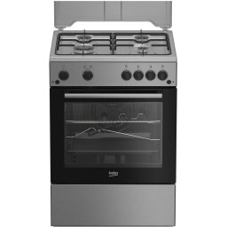 Aragaz Beko FBSHT62111GX, 4 arzatoare cu eficienta ridicata, aprindere electrica plita si cuptor, grill, rotisor, iluminare cuptor, timer mecanic, capac metal, culoare inox+silver