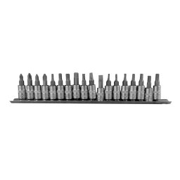 Set capete tubulare 1/4" (18 piese) +: #1, #2 *: #1, #2 HEX: 3, 4, 5, 6mm ?: 4, 5.5, 6.5mm Torx: T8, T10, T15, T20, T25, T27, T30