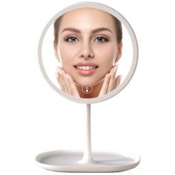 Oglinda cosmetica cu led pentru machiaj, Judios®LUNA, iluminata 62 LED-uri, 3 tipuri de lumina, intensitate reglabila, Touch Switch, rotire 90º, 1000mAh, micro USB, baza depozitare mare, Alb lucios