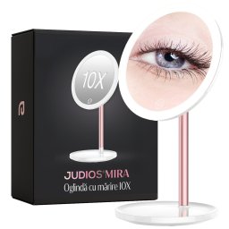 Oglinda cosmetica marire 10X cu led, Judios®MIRA, 30 LED-uri, 3 tipuri de lumina, intensitate reglabila, Touch Switch, rotire 360º, oglinda lupa magnificare 10X, 1200mAh, Alb