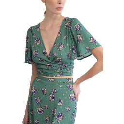 MADAME SHOU SHOU Wraparound Top With Puff Sleeves And Midi Aimee green floral