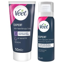 Veet - cremă depilatoare intimă și spumă hidratantă pentru femei (2*50 ml)
