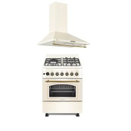Pachet aragaz rustic mixt Studio Casa MULTIF. PLUS FE60/603G+1EL si hota decorativa, cuptor electric multifunctional cu ventilatie, 3 arzatoare gaz + 1 ochi electric, Crem