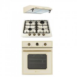 Plita Pachet incorporabil cuptor electric, plita gaz si hota clasica Luna Retro Beige Studio Casa, 52 l, 6 functii, gratare fonta, 483 mc/h, 2 motoare, Crem