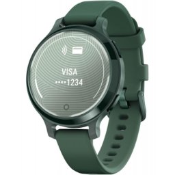 Ceas Garmin Lily 2 Active, display AMOLED, dimensiune afisaj 25,4 mm x 21,3 mm,rezolutie afisaj 240 x 201 pixeli, memorie 8GB, autonomie pana la 9 zile, rezistanta la apa pana la 5 ATM, greutate: 24,4g, ramă Jasper Green şi curea Jasper Green din silicon