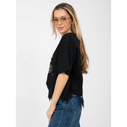 Bluză neagră cu dantelă și imprimeu