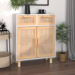 Gossi servanta, alb, 60x30x75 cm, lemn masiv pin si ratan natural