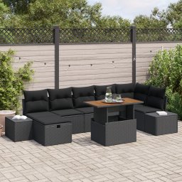 Gossi set de canapea de 8 piese cu perne, negru, rattan polimeric