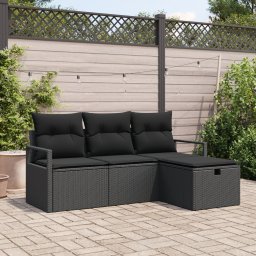 Gossi set de canapea de gradina cu 4 piese si perne din ratan poli negru, Gossi canapea de gradina cu 2 locuri cu storage & perne din ratan poli negru