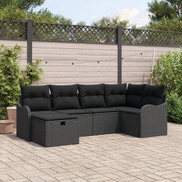 Gossi set de canapea de gradina cu 6 piese si perne din ratan poli negru, Gossi canapea de gradina cu 2 locuri cu depozitare si perne din ratan poli negru