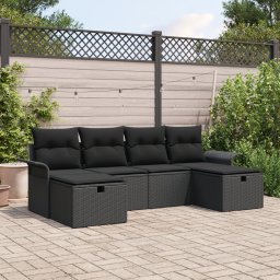 Gossi set de canapea de gradina cu 6 piese si perne din ratan poli negru, Gossi canapea de gradina pentru 2 persoane cu depozitare si perne din ratan poli negru