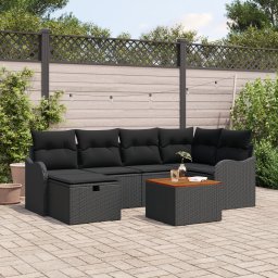 Set canapea gradina 7 piese cu perne ratan poly negru, canapea gradina cu 2 locuri, cu depozitare si perne, ratan poly negru