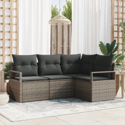 Set canapea gradina Gossi 4 piese cu perne gri din ratan poli, canapea gradina Gossi pentru 2 persoane cu spatiu de stocare & perne gri din ratan poli
