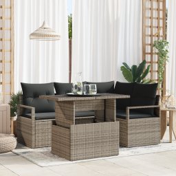 Set canapea gradina Gossi 5 piese cu perne gri din ratan sintetic, canapea gradina Gossi 2 locuri cu depozitare & perne gri din ratan sintetic