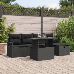 Set canapea gradina Gossi 6 piese cu perne negru ratan poli, canapea gradina Gossi 2 locuri cu depozitare si perne negru ratan poli