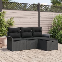 Set de canapea de gradina Gossi 4 piese cu perne poli ratan negru, canapea de gradina Gossi 2 locuri cu depozitare si perne poli ratan negru