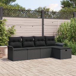 Set de canapea de gradina Gossi cu 5 piese si perne din ratan poliester negru, canapea de gradina Gossi cu 2 locuri si depozitare si perne din ratan poliester negru
