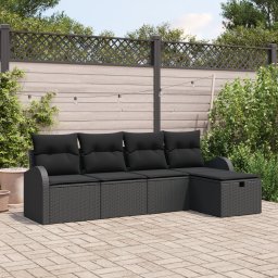 Set de canapea de gradina Gossi cu 5 piese si perne negre, poli rattan, canapea de gradina cu 2 locuri si spatiu de depozitare & perne negre, poli rattan