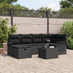 Set de canapea de gradina Gossi cu 7 piese si perne din ratan politian negru, set de canapea de gradina Gossi cu 2 locuri, cu depozitare si perne din ratan politian negru
