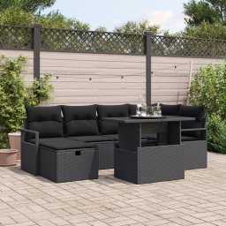 Set de canapea de gradina Gossi de 7 piese cu perne negre din ratan poly, canapea de gradina Gossi pentru 2 persoane cu depozitare si perne negre din ratan poly