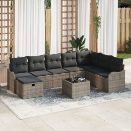 Set de canapea pentru gradina Gossi de 9 piese cu perne gri din ratan poliester, canapea de gradina Gossi pentru 2 persoane cu perne gri din ratan poliester