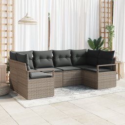 Set de canapele de gradina Gossi 6 piese cu perne gri din ratan poliester, canapea de gradina Gossi cu storage si perne gri din ratan poliester