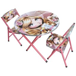 Masuta cu 2 scaune pentru copii, pliabile, cadru metalic si lemn, roz, My Princess R1