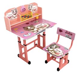 Birou cu scaun pentru copii, reglabile, cadru metalic si MDF, Pisicute A3