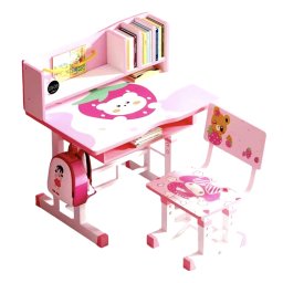 Birou cu scaun pentru copii, reglabile, cadru metalic si MDF, Ursuletul roz T15