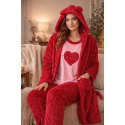 Set Pijama Bordo 3 Piese Cocolino Fluffy – Halat, Bluză și Pantalon