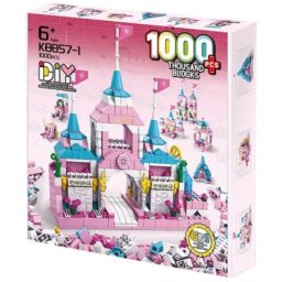Set constructie castel 1000 piese , model roz pentru copii 6+ ani