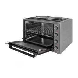 Cuptor electric cu 2 plite Elite EMO-FL 65 2590, 2000 W, 65 litri, 3 moduri, 3 setari pentru plite, Geam dublu, termostat, Ventilator turbo, Gri