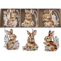 Decor iepure din lemn - agățabil, set de 9, 5 cm