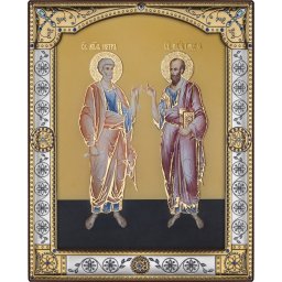 Icoana argintata pe sticla cu foita de aur Sf Apostoli Petru si Pavel (Dimensiune icoana: 16,7 x 20,6 cm)