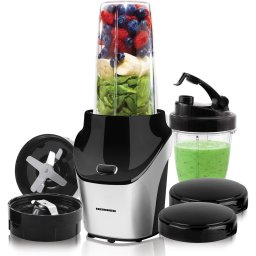 Blender sport Heinner Vitamiser 1000 HSB-T1000SS, 1000W, recipiente Tritan fara BPA 1/0.45L, rasnita inclusa, buton ON/OFF, 18000RPM, lame din inox, 2 capace suplimentare, carcasa din inox, Argintiu/Negru