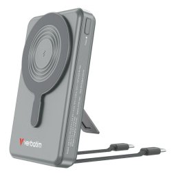 Baterie externa portabila magnetica Verbatim 10.000mAh C'n'G, incarcare wireless, 2 cabluri USB-C si suport, Gri
