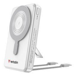 Baterie externa portabila Verbatim 10000mAh C'n'G, Incarcare wireless, 2 cabluri USB-C si suport, Inel magnetic, Argintiu